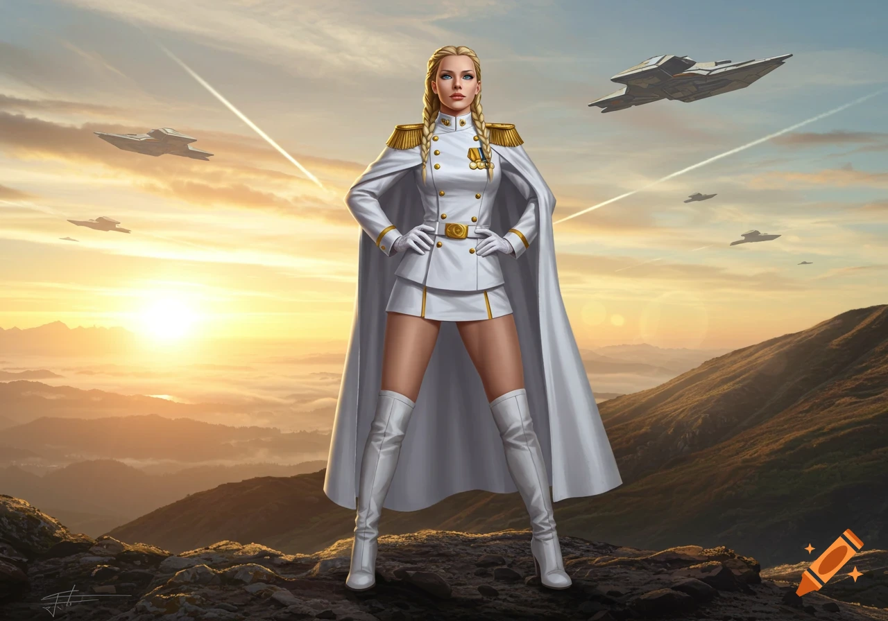 A blonde female military officer in a white uniform and cape stands on a hilltop at sunrise with spaceships flying overhead. Digital art.