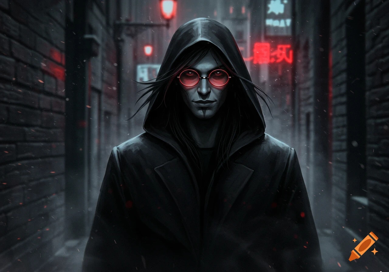 A mysterious man with pale skin, long dark hair, and red-tinted glasses wearing a hooded black coat stands in a dark, neon-lit alley.