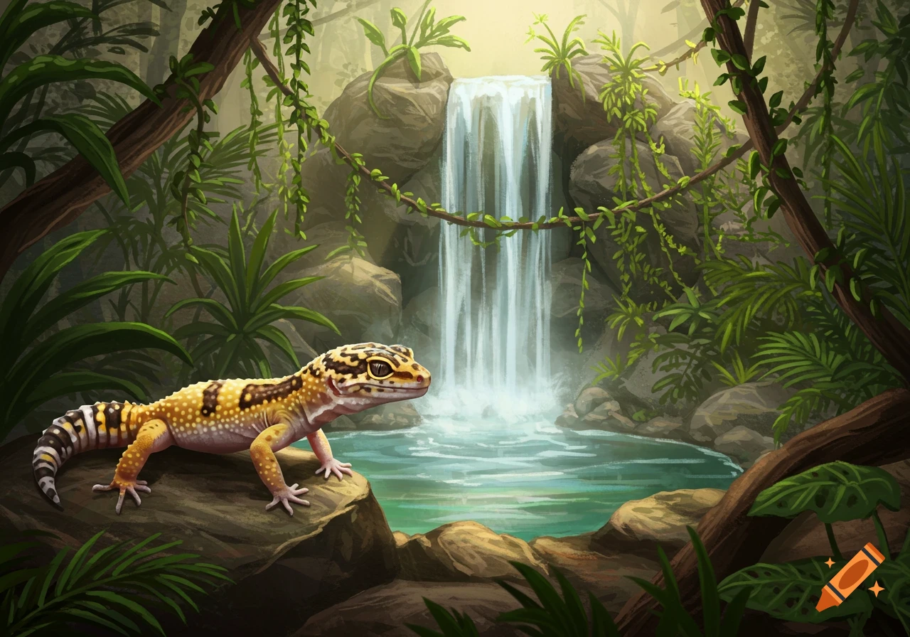 A vibrant leopard gecko with yellow and black spots rests on a rock in a lush jungle, with a waterfall flowing into a blue pool behind it. Illustrated style.