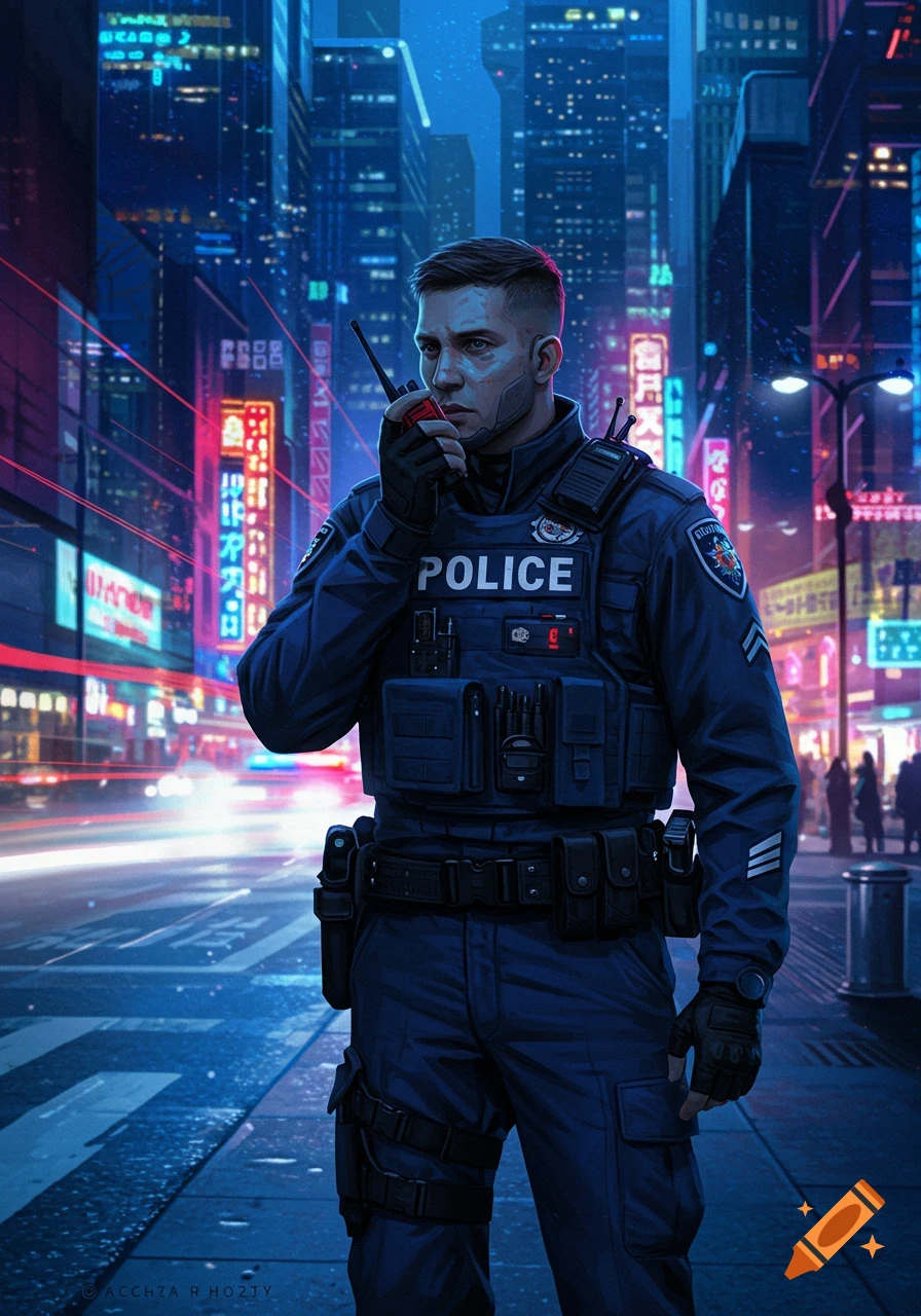 A stoic police officer in a dark blue uniform speaks into a radio, standing on a street in a neon-lit futuristic city at night.