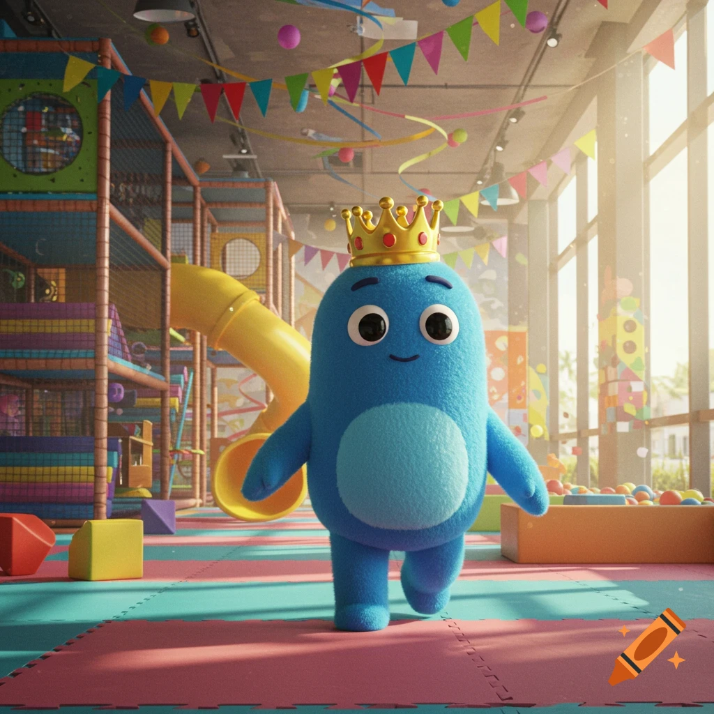 A fluffy blue mascot character with a golden crown walks in a brightly lit indoor playground with slides and ball pits.