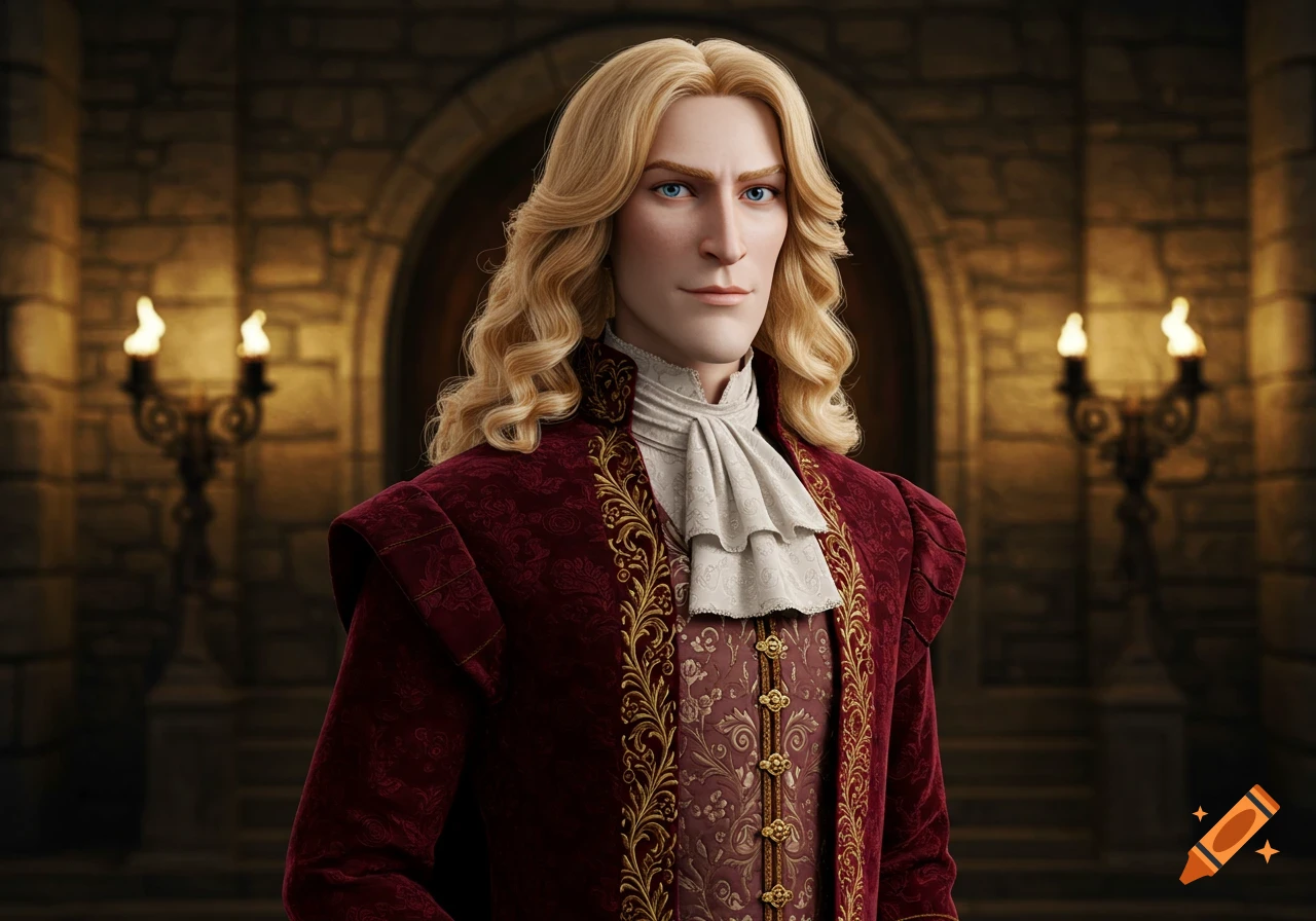 Portrait of a regal man with long blonde hair, blue eyes, in an ornate red and gold jacket in a castle setting.