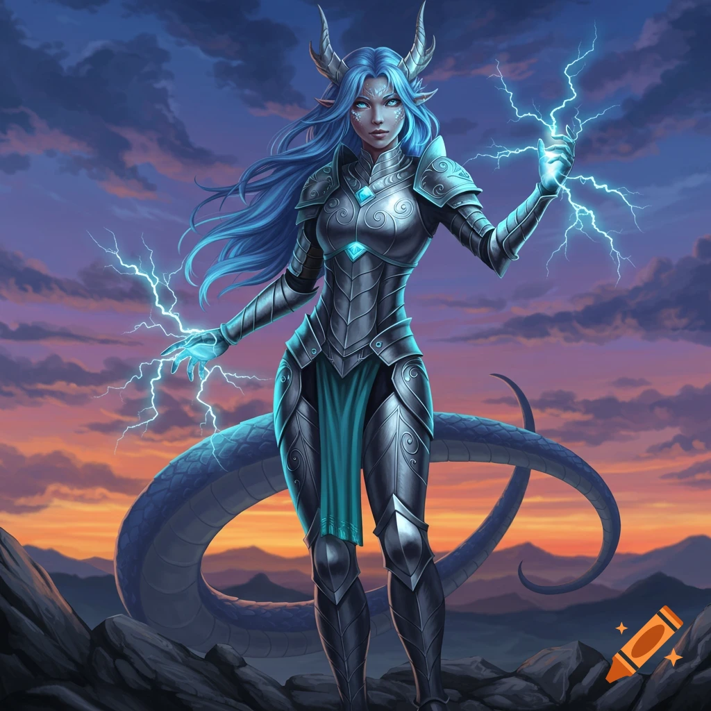 Blue-haired anime dragon girl in silver armor with horns and a tail, holding lightning, against a sunset sky.