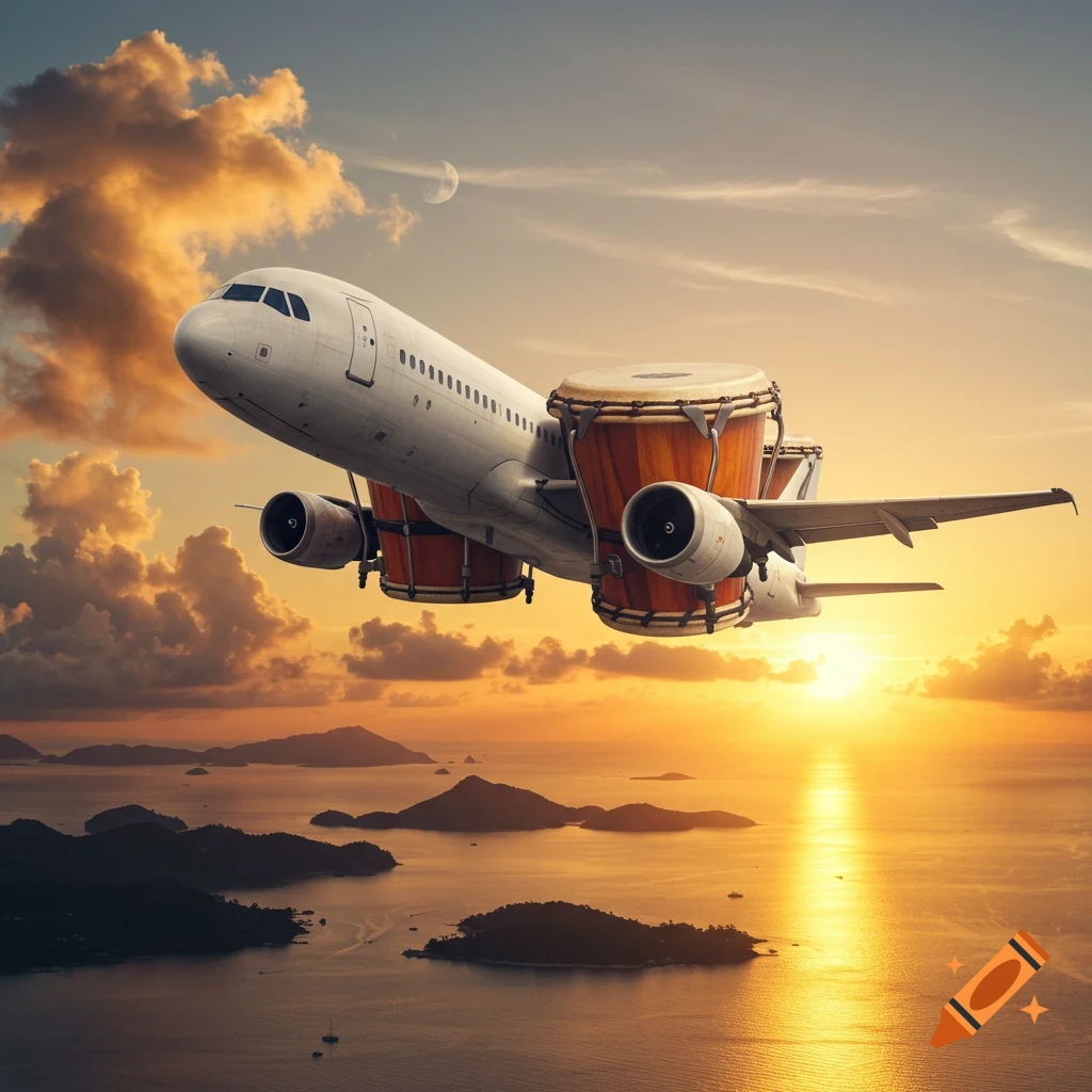 A large white airplane with wooden bongos for engines flies over tropical islands during a vibrant sunset, with a moon visible.