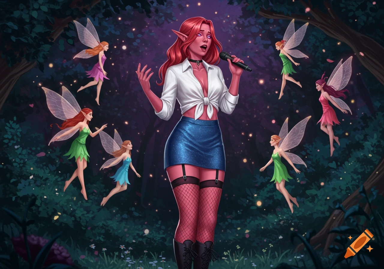 Digital illustration of a pink-skinned elf with red hair singing into a microphone, surrounded by flying fairies in a dark forest.