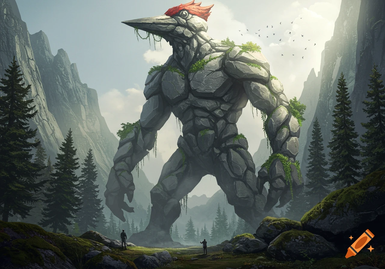 A massive rock monster with a woodpecker head and red crest stands in a foggy mountain valley, dwarfing pine trees and two small human figures.