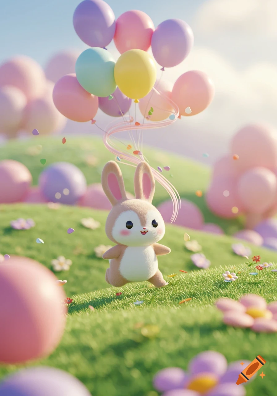 A fluffy, cute bunny with big ears floats above a grassy field holding a bunch of pastel balloons.