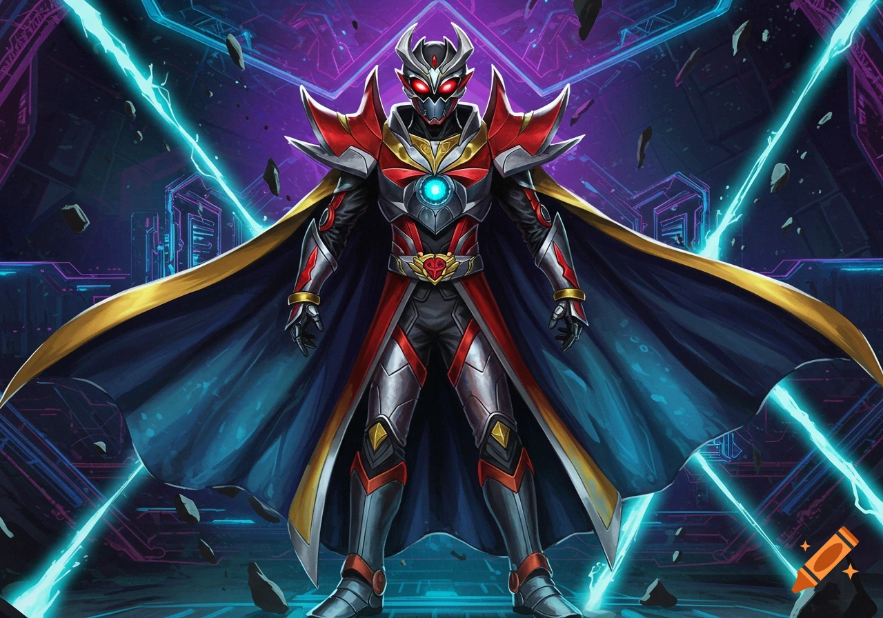 A powerful armored supervillain in red, silver, and black, with a blue cape, stands in a futuristic, neon-lit landscape with floating debris.