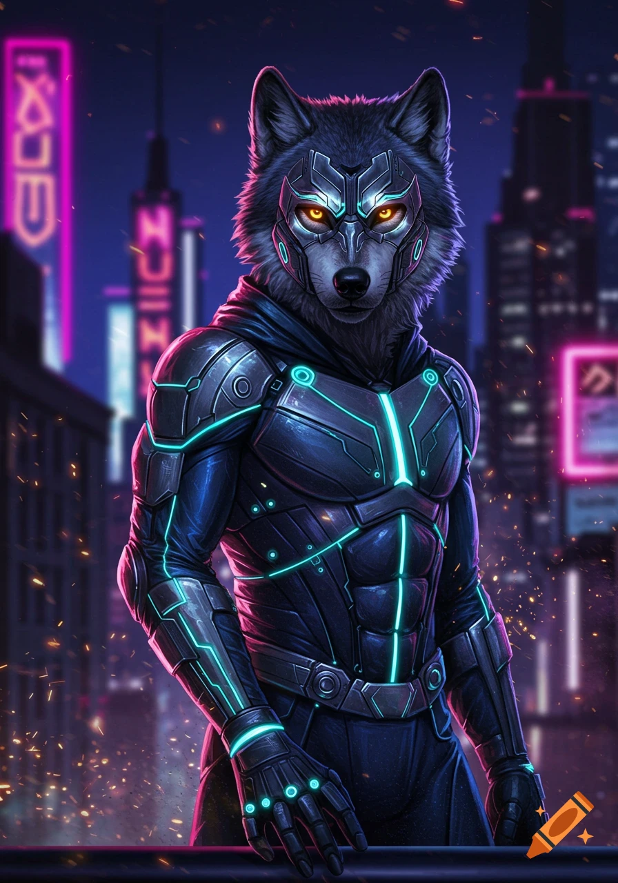 A futuristic cyberpunk wolf in glowing blue and black armor stands in a neon-lit city at night, with bright orange eyes.