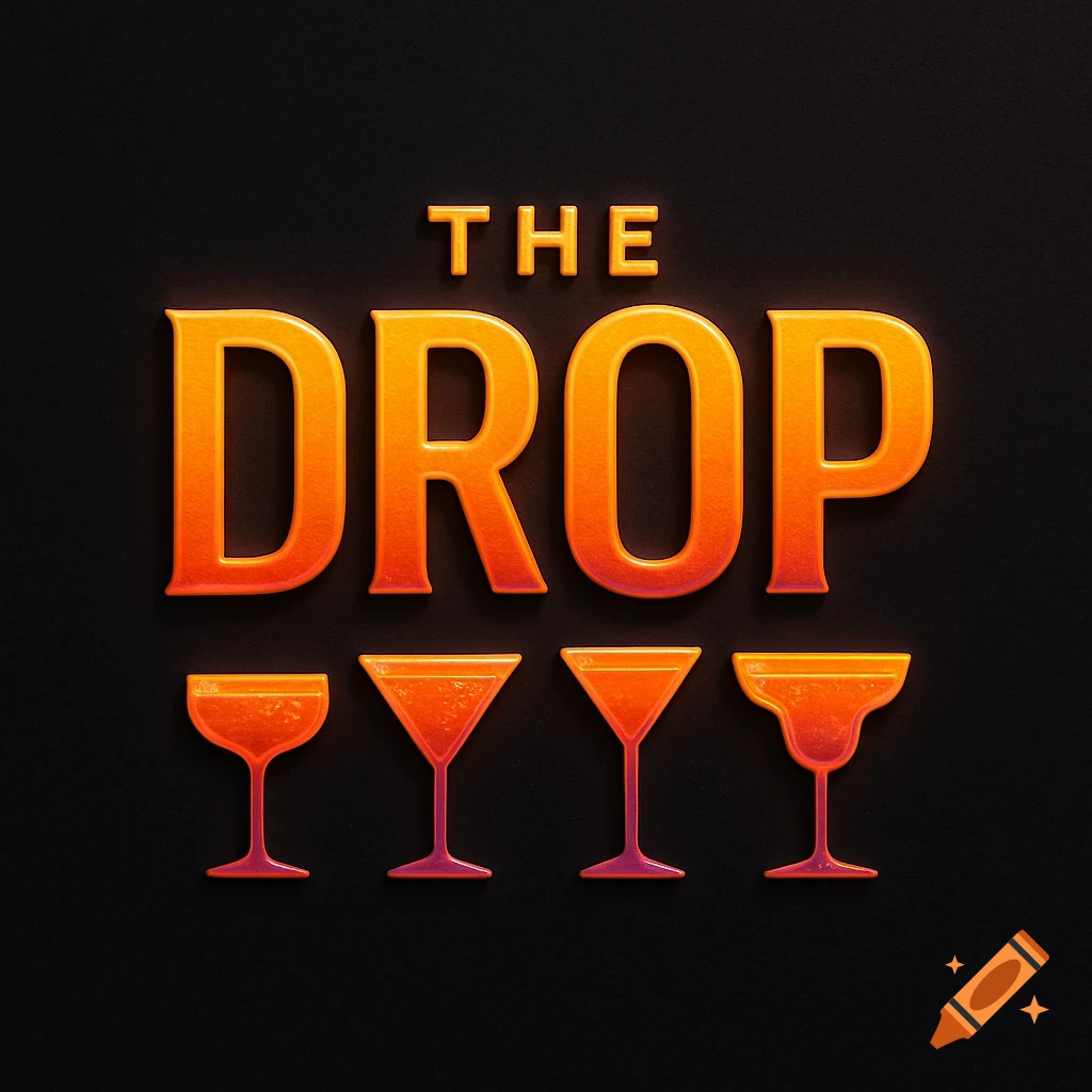 A logo featuring the text 'THE DROP' in orange, metallic 3D letters, with four stylized cocktail glasses below on a black background.