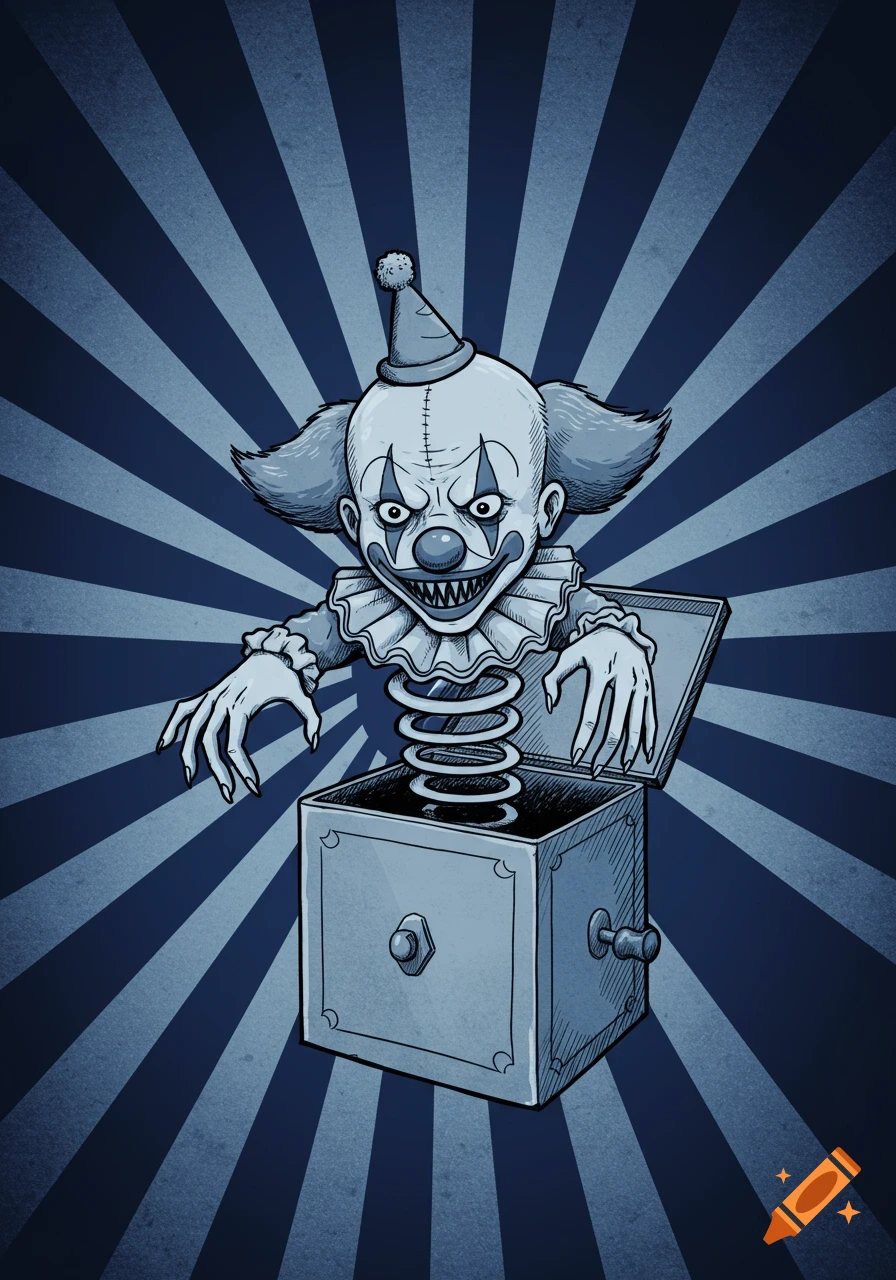 Creepy, simplistic drawing of a menacing clown jack-in-the-box with long fingers reaching out, against a blue starburst background.