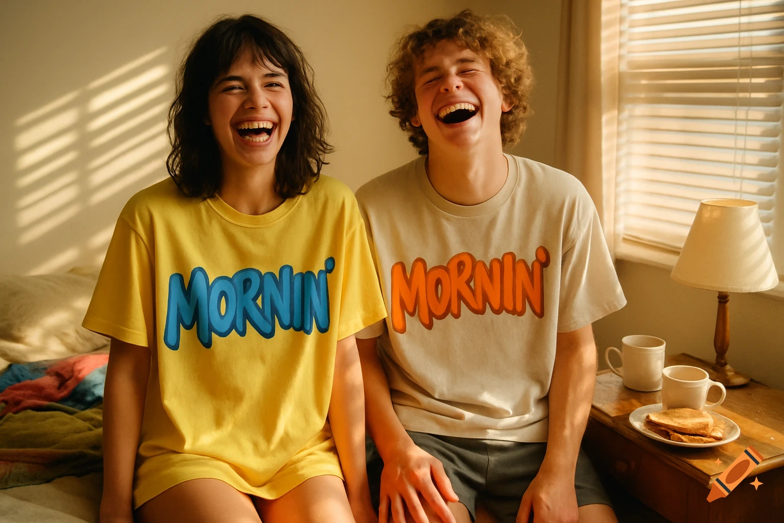 Two smiling young people in a sunlit bedroom wearing oversized t-shirts with 'MORNIN'' printed on them, in a candid style.