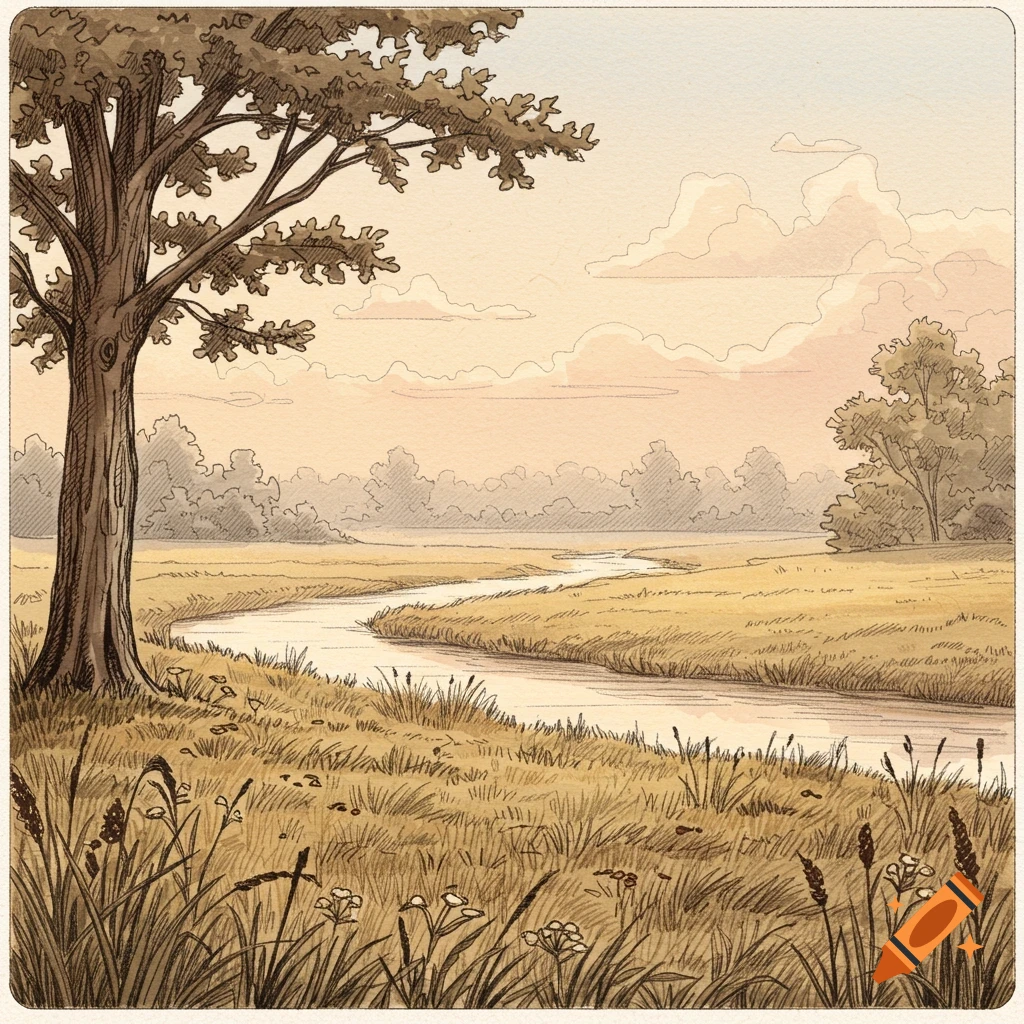 Watercolor illustration of a peaceful landscape with a winding river, large tree, and golden fields under a soft sky.