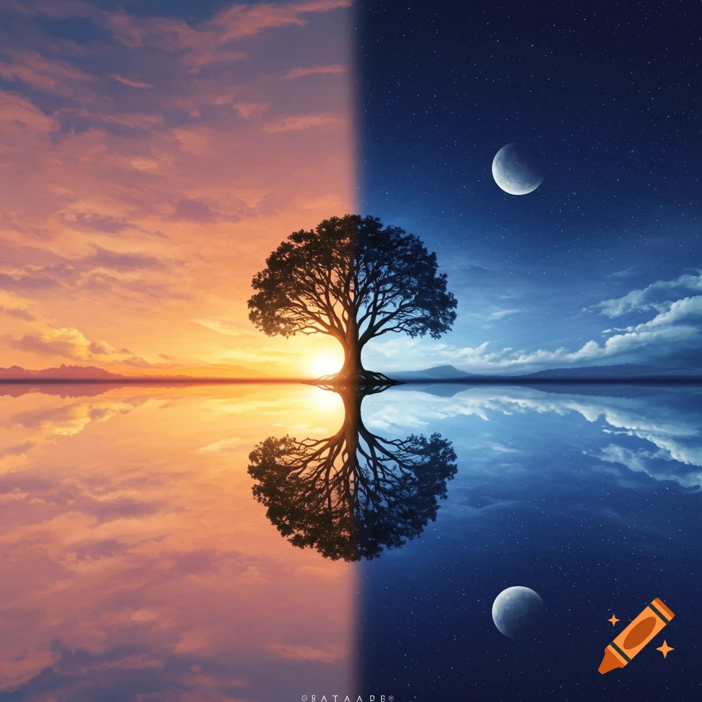 A vibrant split image showing a lone tree perfectly reflected in water, with a daytime sunset on the left and a night sky with stars and moon on the right.