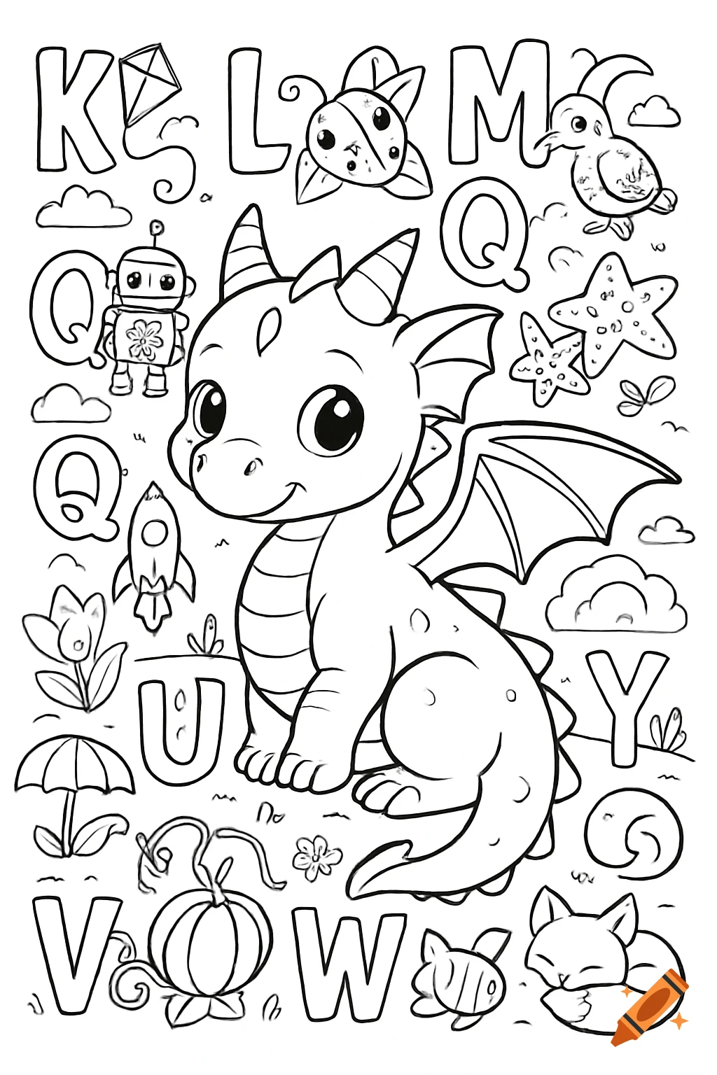 A black and white coloring page featuring a cute baby dragon surrounded by large alphabet letters and small objects.