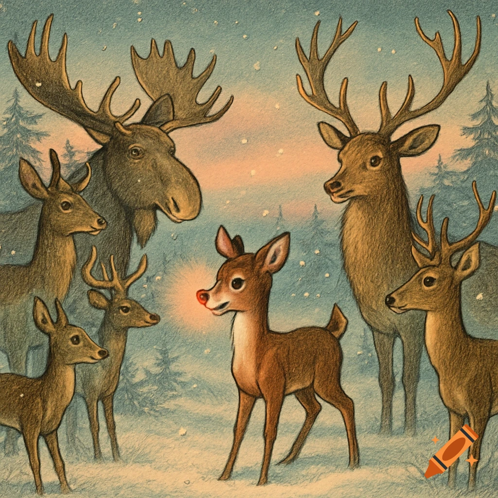 An illustration of Rudolph the Red-Nosed Reindeer with his glowing red nose, standing among other deer and a moose in a snowy forest.