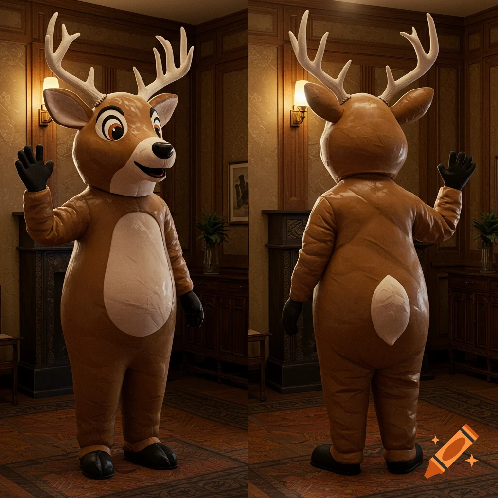 A photorealistic image of a giant anthropomorphic mule deer buck mascot costume standing in a room, shown from the front and back views.