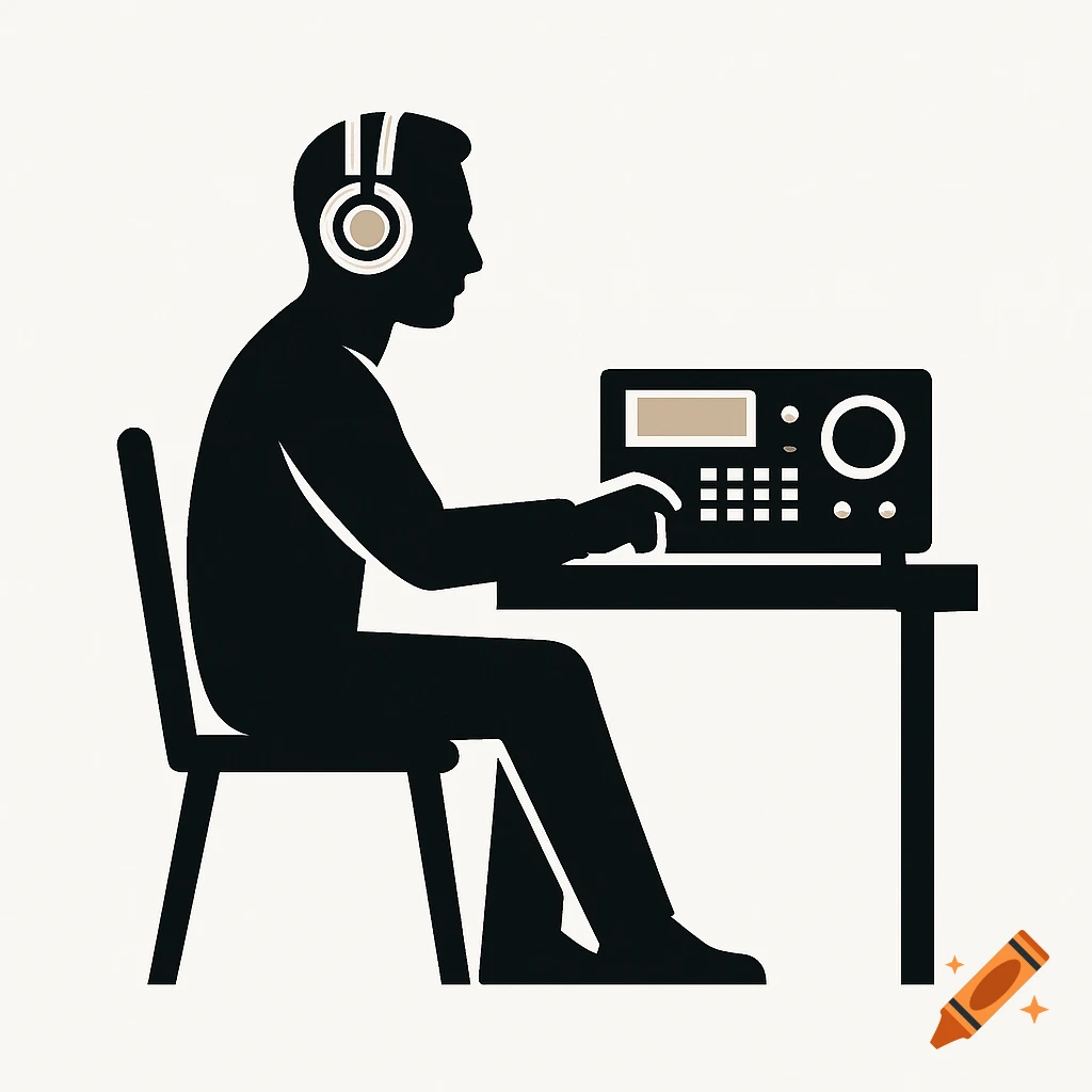 A minimalist logo of a man with headphones sitting at a table with a ham radio.