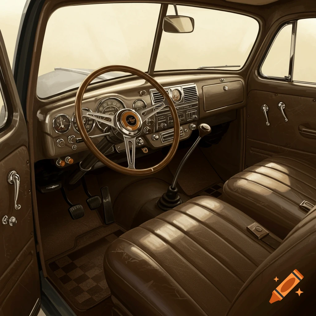 Close-up interior view of a vintage car, featuring brown leather seats, a wooden steering wheel, and a detailed dashboard.