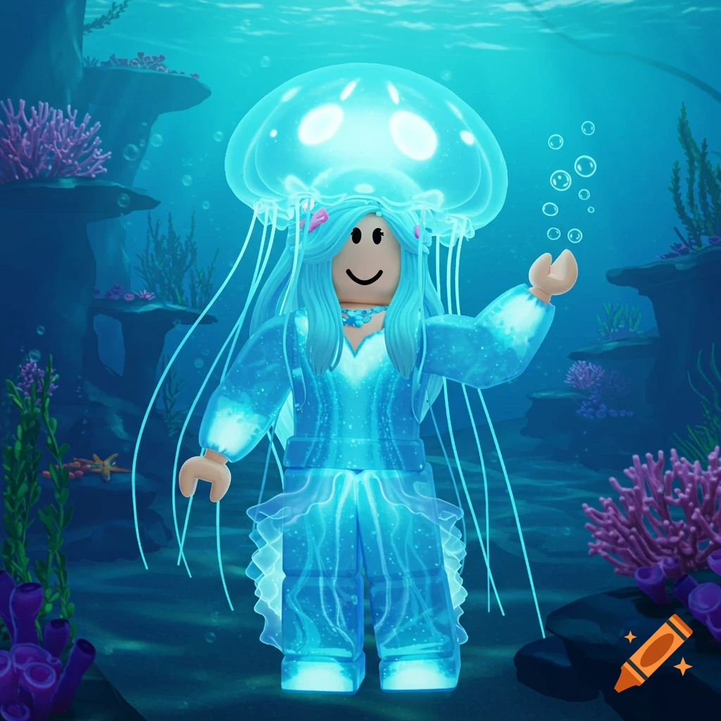 A Roblox avatar girl in a glowing blue jellyfish outfit and hat swims underwater amidst coral and bubbles.