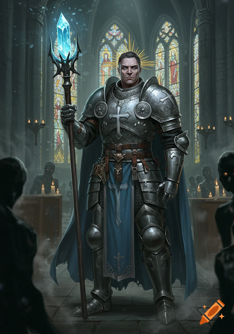 A stern male cleric in ornate plate armor holds a glowing crystal staff in a gothic church with stained glass windows and shadowy figures.