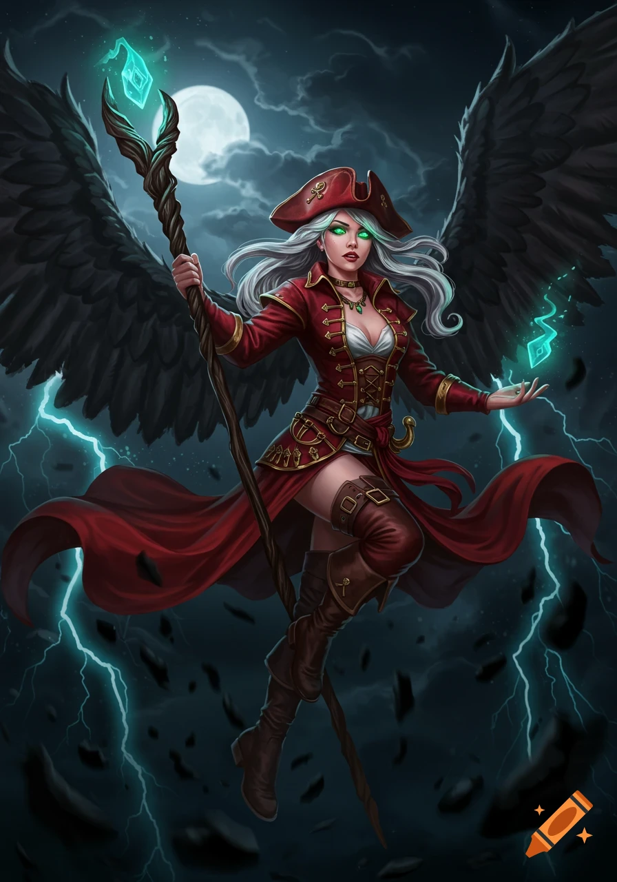 Fantasy pirate sorceress with silver hair and green eyes, holding a glowing staff, flying with black wings against a stormy moonlit sky with lightning.