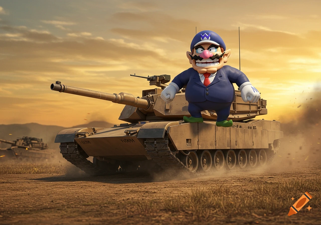 Wario in a blue suit and hat stands atop an Abrams tank in a desert landscape at sunset.