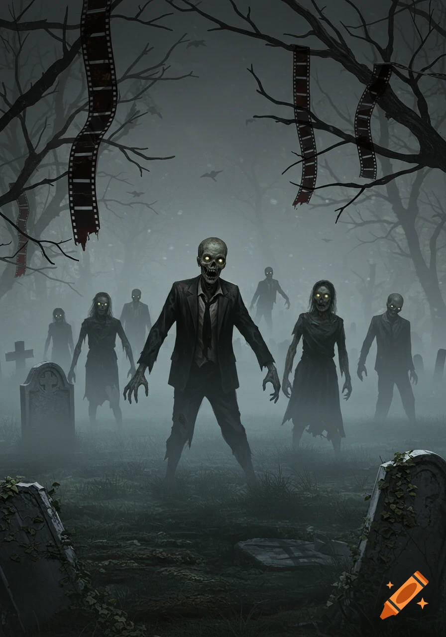A group of zombies with glowing eyes emerges from a foggy graveyard, with film strips hanging from bare trees above, in a dark, illustrative style.