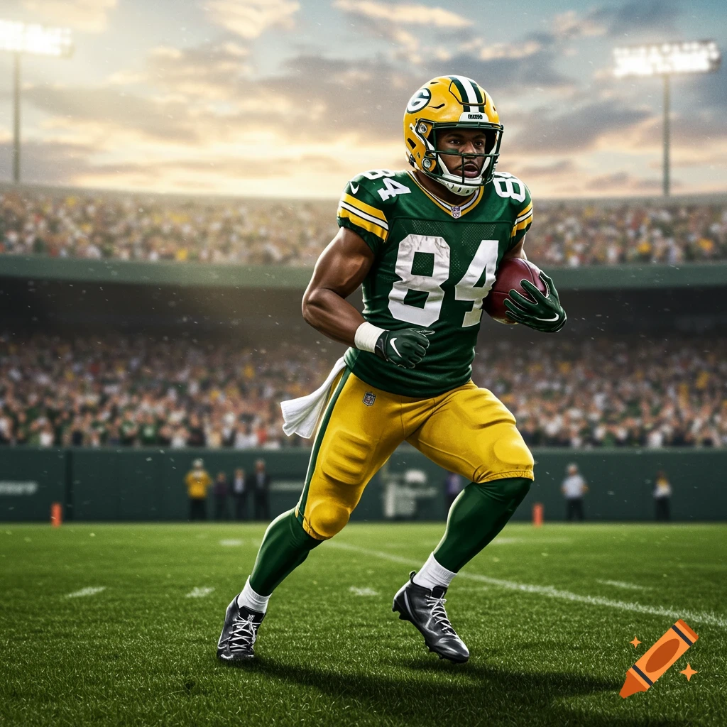Photorealistic image of Green Bay Packers football player #84 running with a ball on a stadium field.