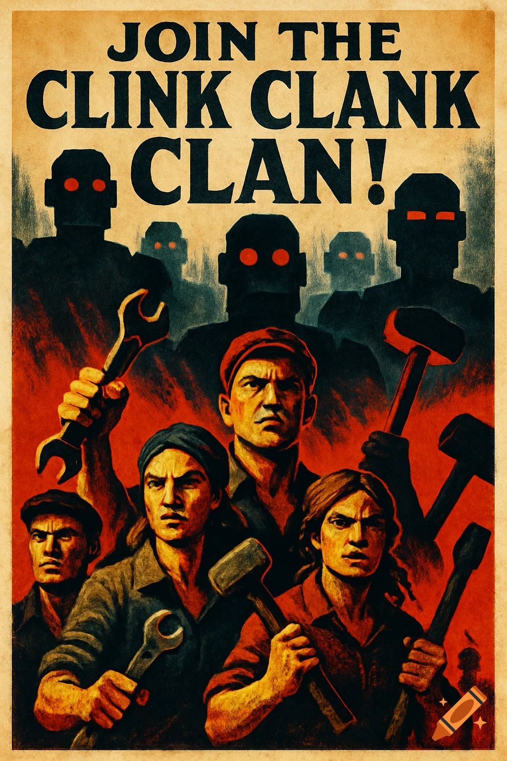 Vintage propaganda poster of workers with tools against menacing robots, with text 'JOIN THE CLINK CLANK CLAN!'.