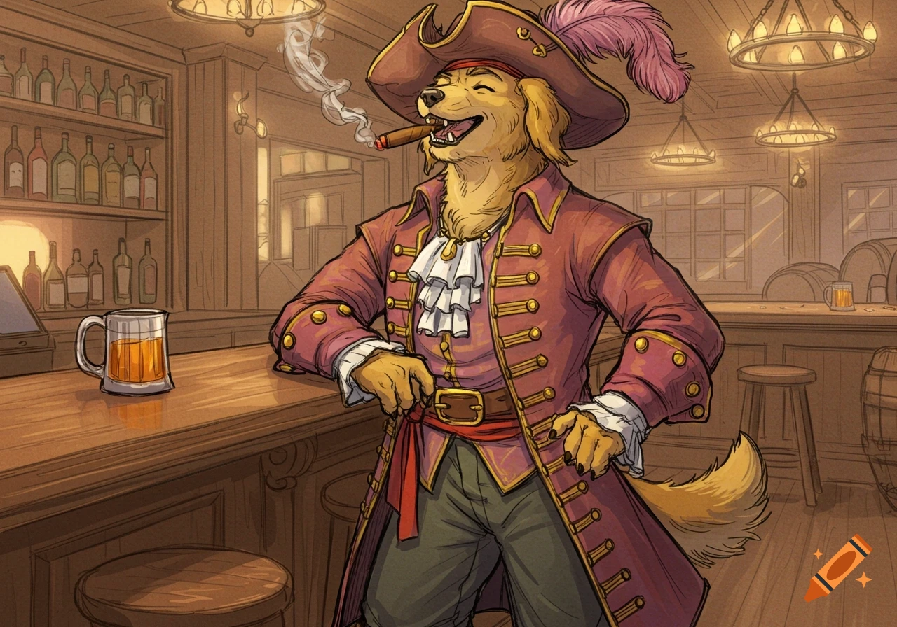 An anthropomorphic golden retriever pirate, in a red coat and tricorn hat, leans on a bar, smoking a cigar. Cartoon style.