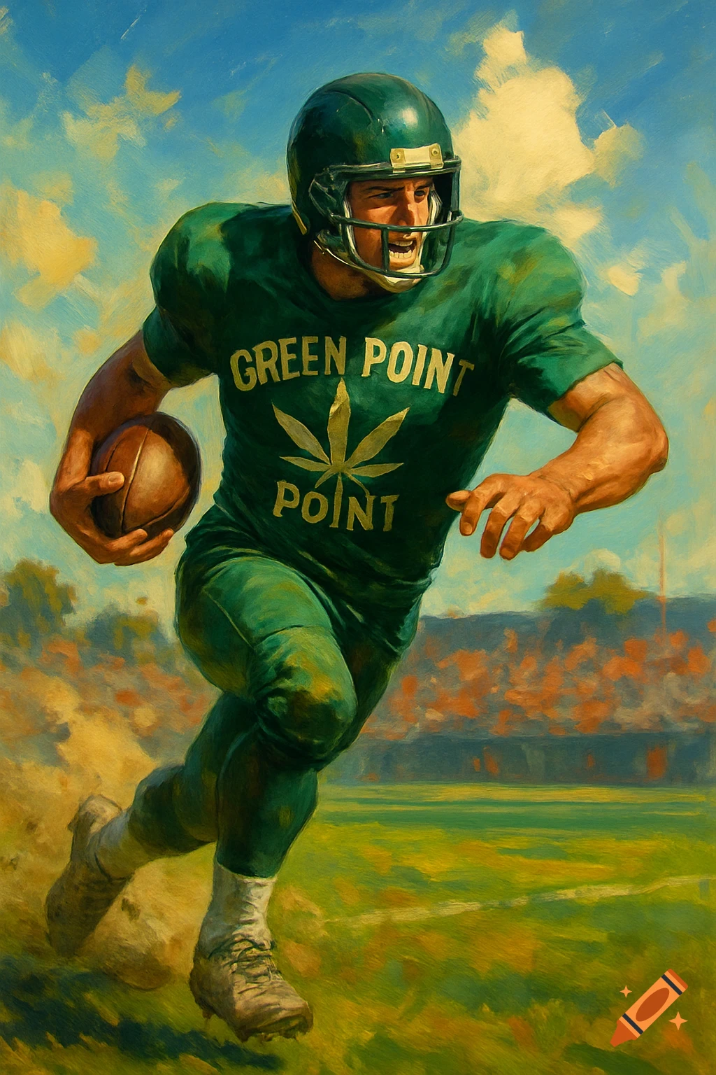 A dynamic oil painting of a football player in a green uniform running with a ball, a cannabis leaf and 'Green Point' on his jersey, under a bright sky.