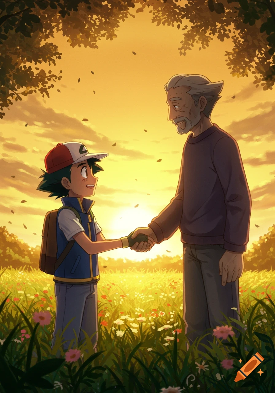 Ash Ketchum shakes hands with an older man in a grassy field at sunset, in an anime style illustration.