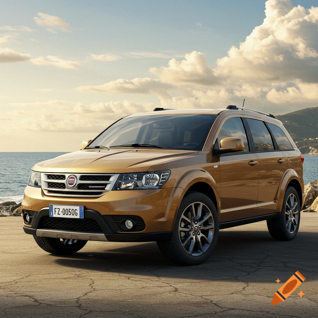 A gold Fiat Freemont SUV parked on a paved road next to the ocean under a partly cloudy sky.
