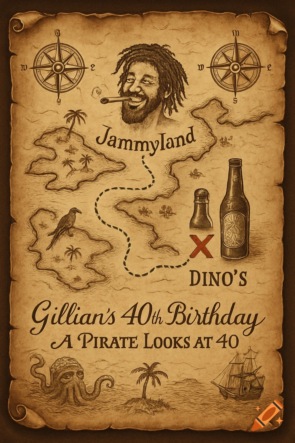 A vintage pirate map illustration for Gillian's 40th Birthday, showing islands, compasses, a smoking man's head, and an octopus, with a dotted path.