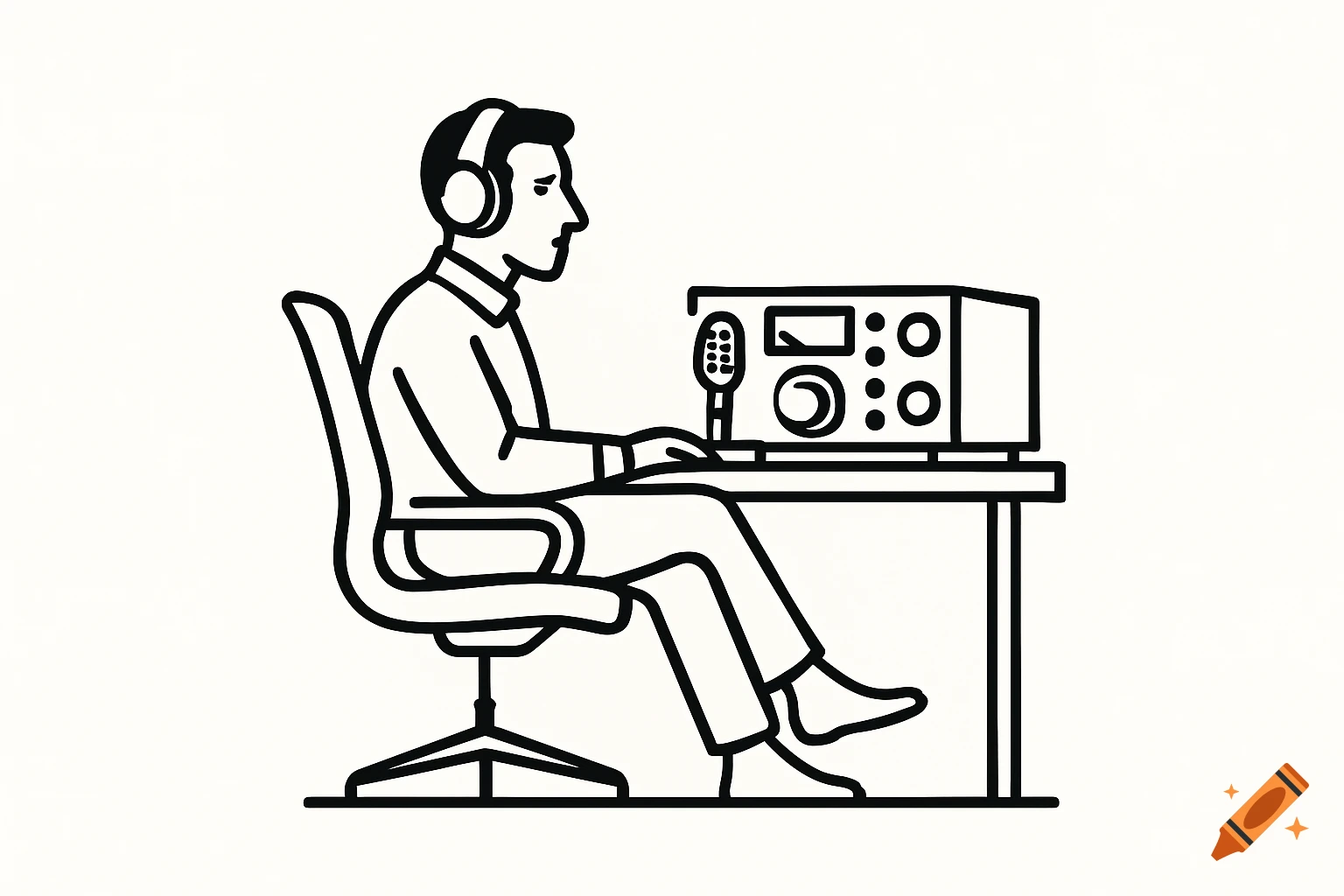 Line art logo of a man with headphones on, sitting in an office chair at a desk with a ham radio.