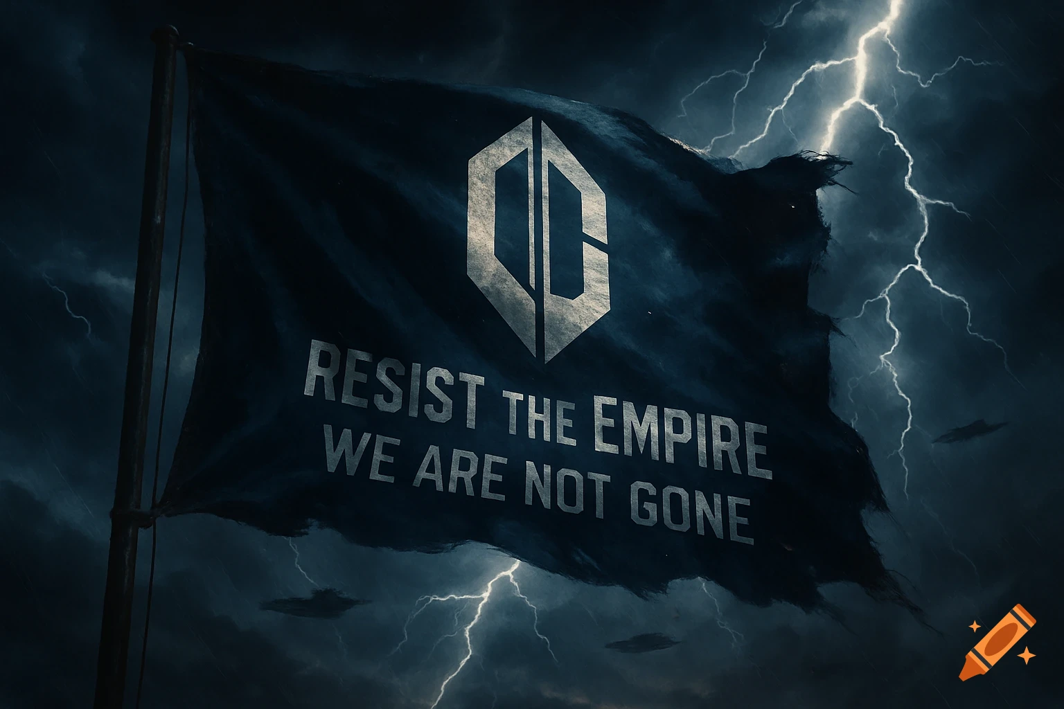 A dark flag with a geometric symbol and text 'RESIST THE EMPIRE WE ARE NOT GONE' waves under a stormy sky with lightning.