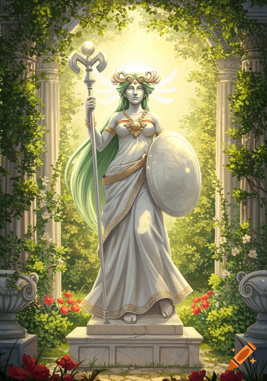 A statue of Palutena, a goddess-like figure with green hair, holding a staff and shield in a lush, sunlit garden.