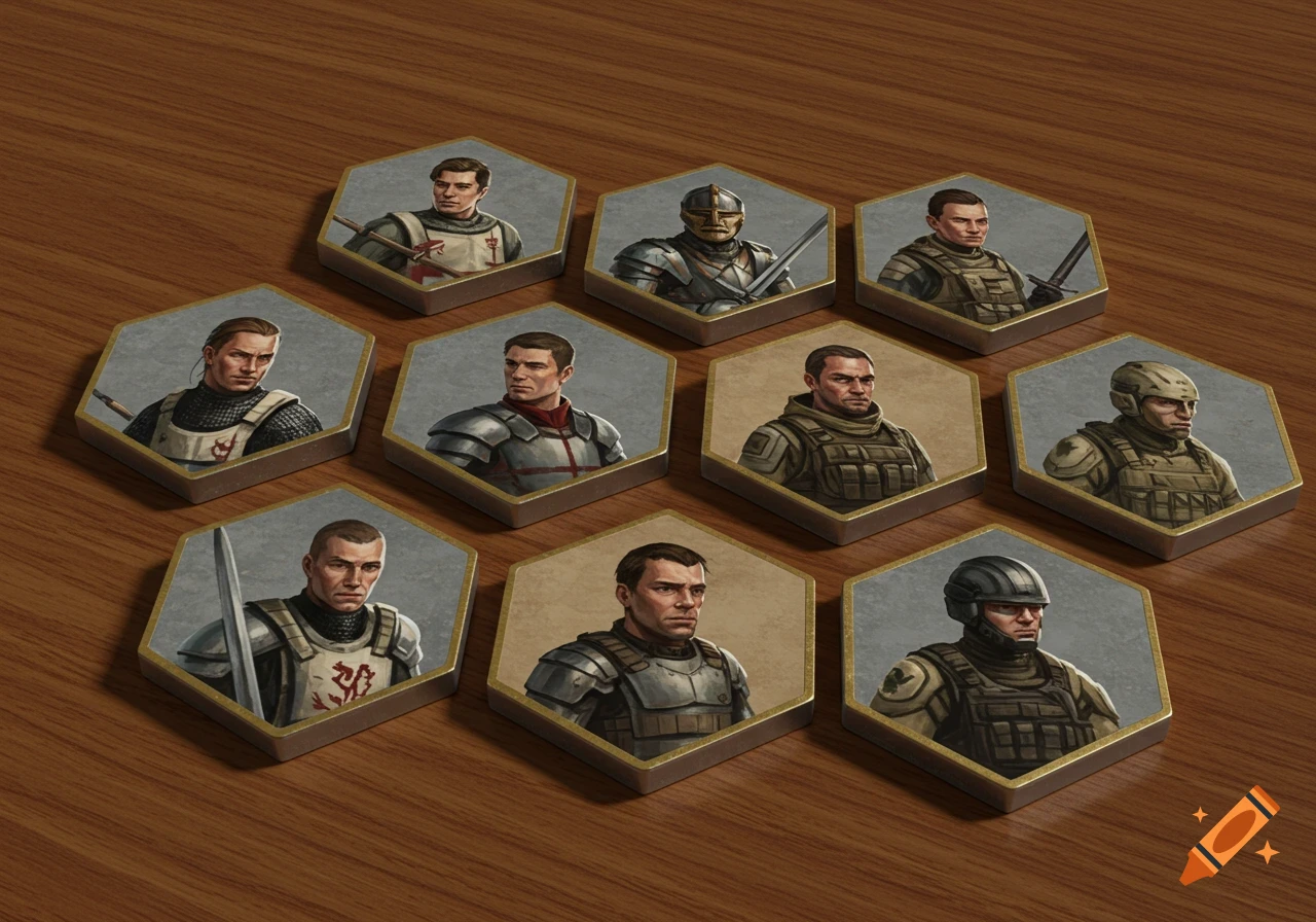 Nine hexagonal game tokens depicting detailed portraits of military and knight figures on a wooden surface.