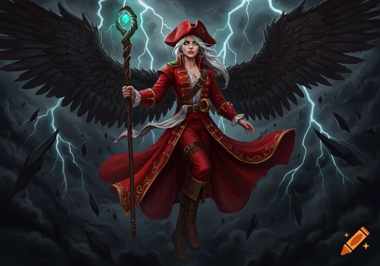 A white-haired female pirate with black wings and green eyes, wearing a red coat and a hat, flies while holding a glowing staff in a stormy, lightning-filled sky.
