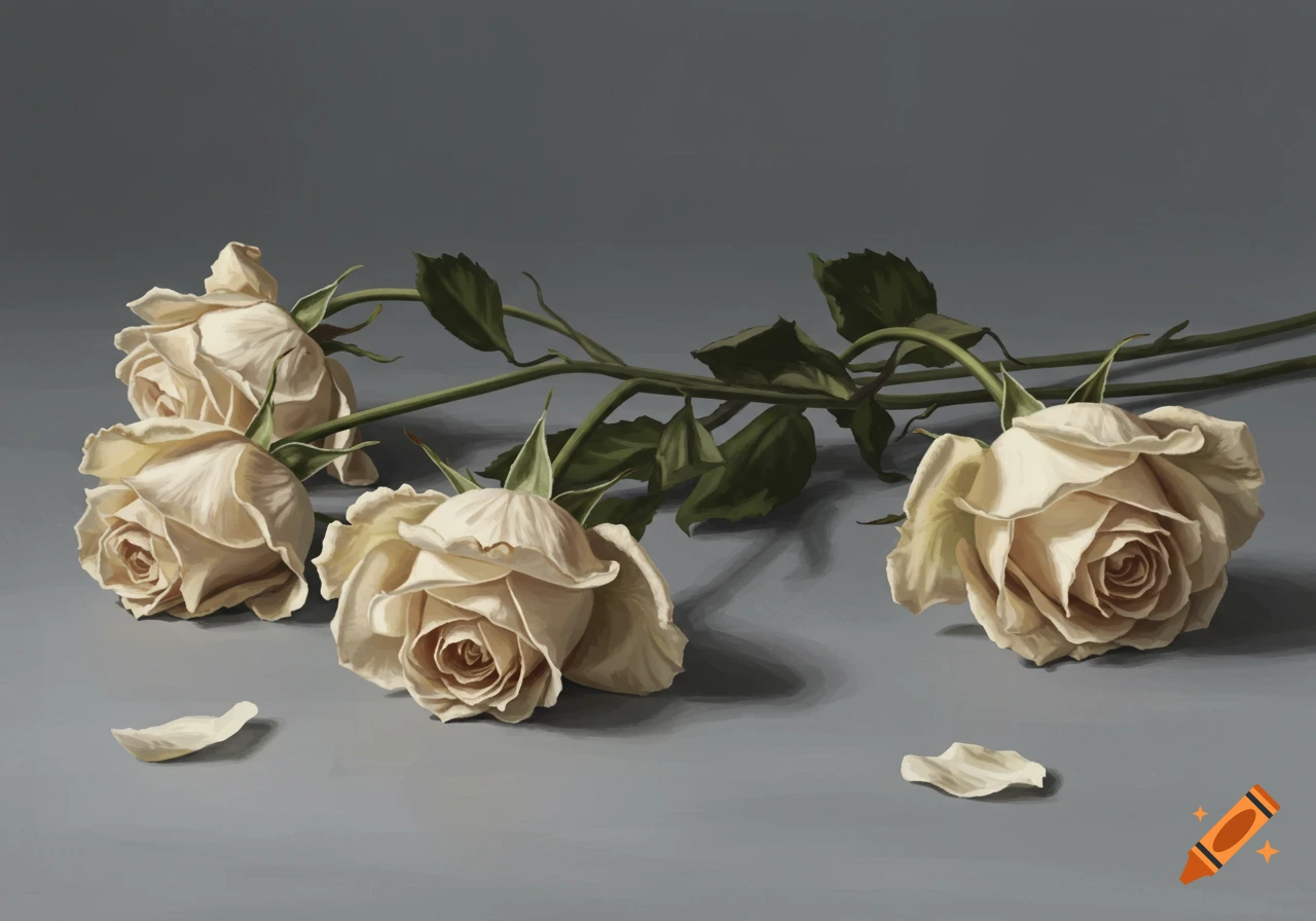 Realistic painting of several wilted white roses with green stems and leaves, two fallen petals, on a muted gray surface.