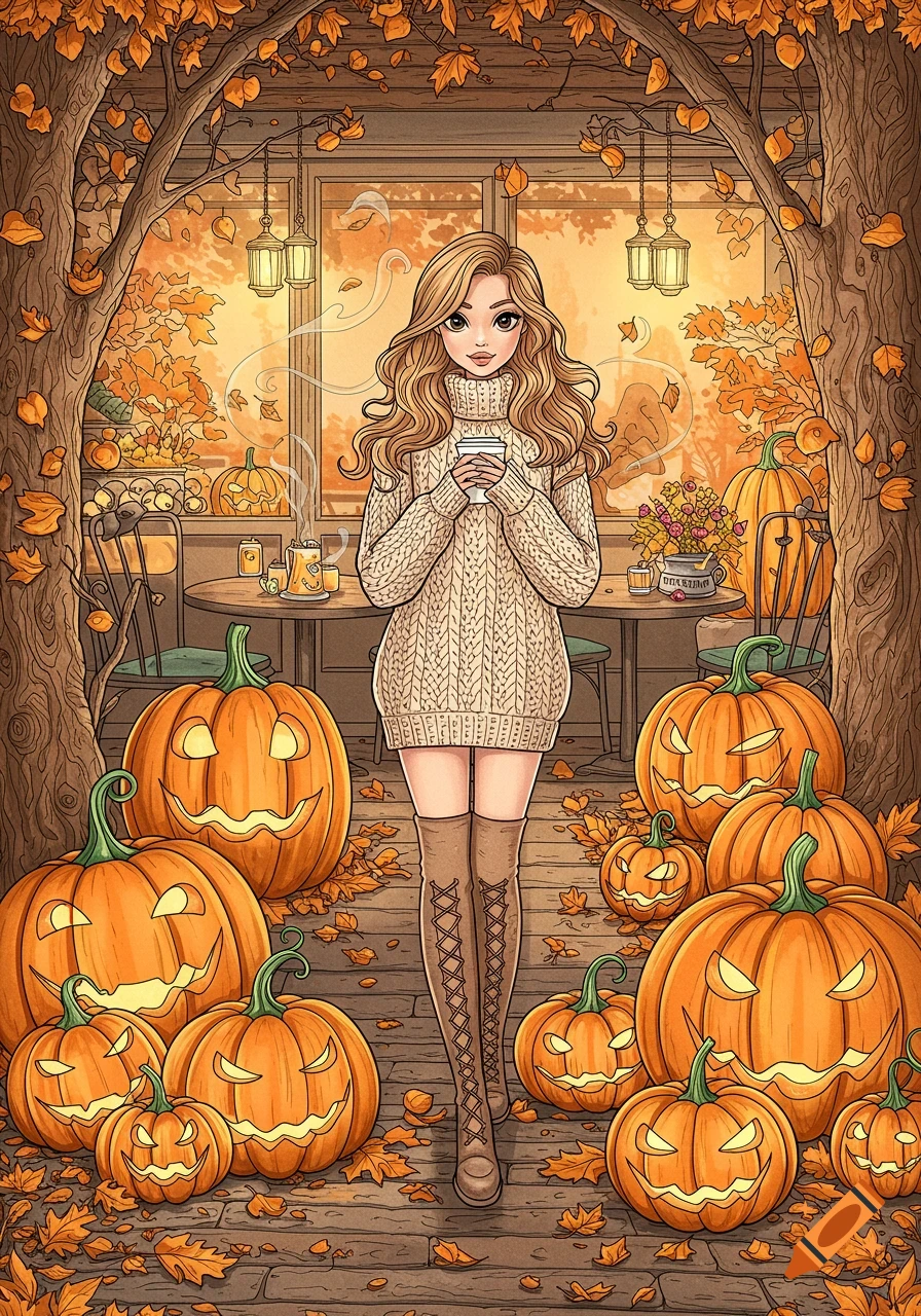 An illustration of a girl in a sweater dress and boots holding a coffee cup, surrounded by jack-o'-lanterns and autumn leaves, in a cozy cafe setting.