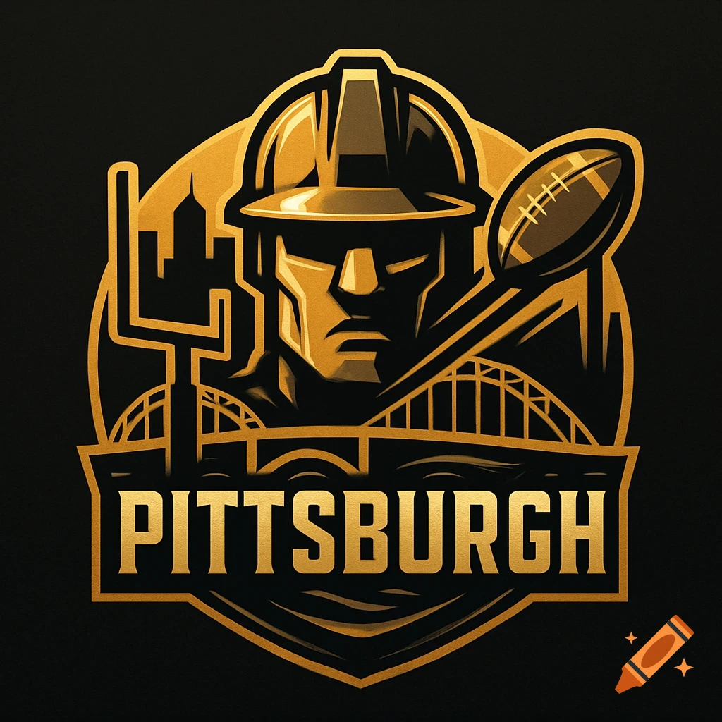 Gold and black Pittsburgh fantasy football logo with a hard-hatted figure, football, goalpost, and bridge.