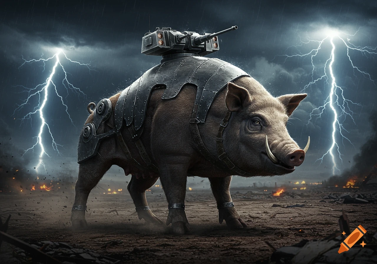 A photorealistic armored pig with a rotating turret on its back stands in a war-torn landscape under a stormy sky with lightning.