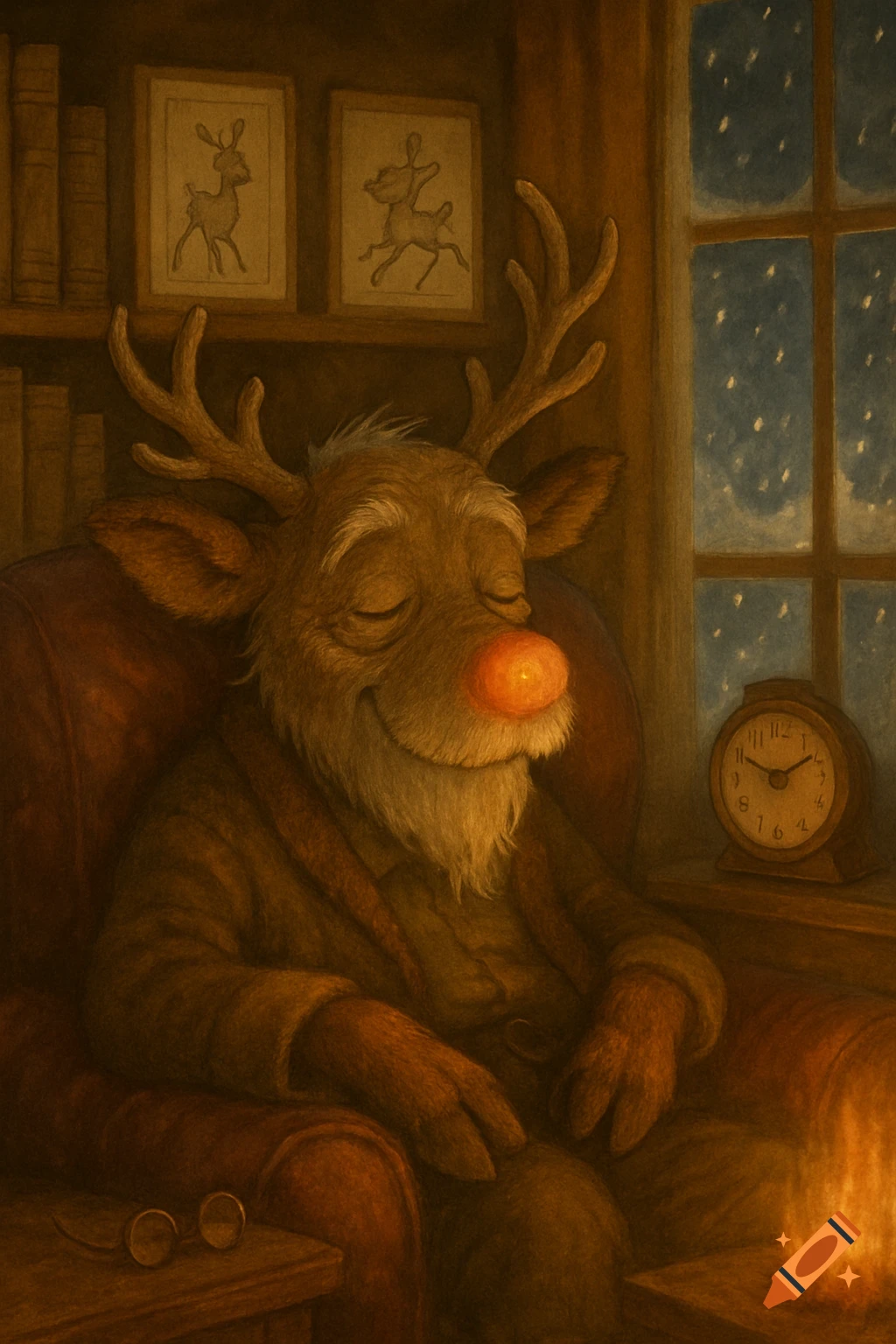 An old, smiling Rudolph the red-nosed reindeer in an armchair by a fireplace on a snowy night, in an illustrated style.
