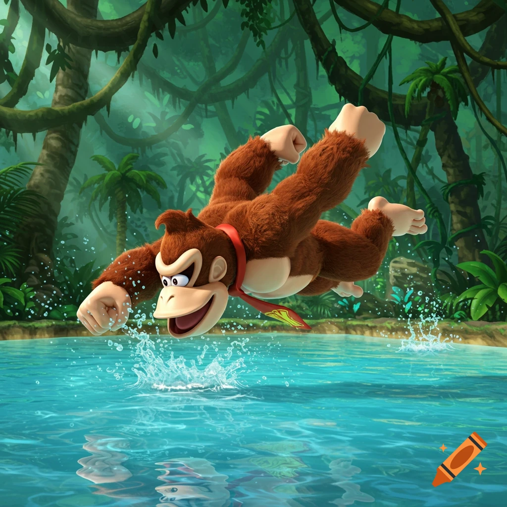 Donkey Kong, a brown gorilla, dives into clear blue water in a vibrant jungle, splashing water around him.
