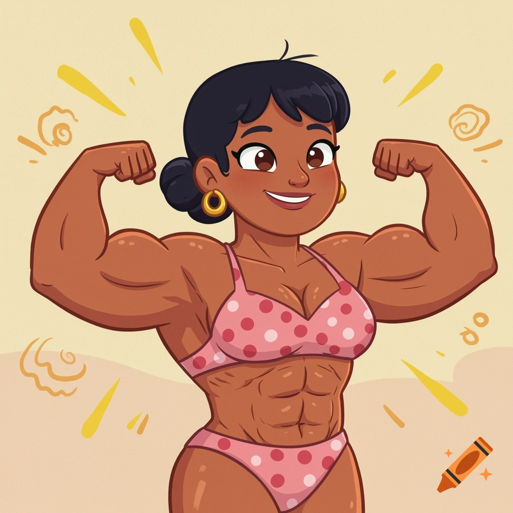 A cartoon woman with dark skin and hair, wearing a pink polka-dot bikini, flexes her muscular biceps and abs, smiling confidently.
