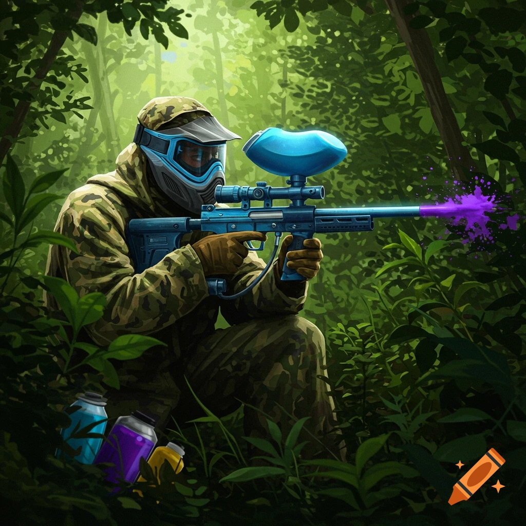 Paintball player in camouflage and blue mask, crouching in a forest, firing a blue paintball gun with purple paint.