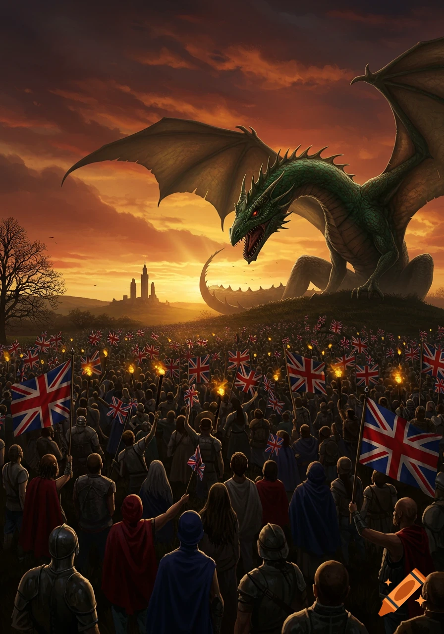 A massive green dragon overlooks a torch-lit crowd waving Union Jack flags, with a castle silhouetted against a dramatic sunset.