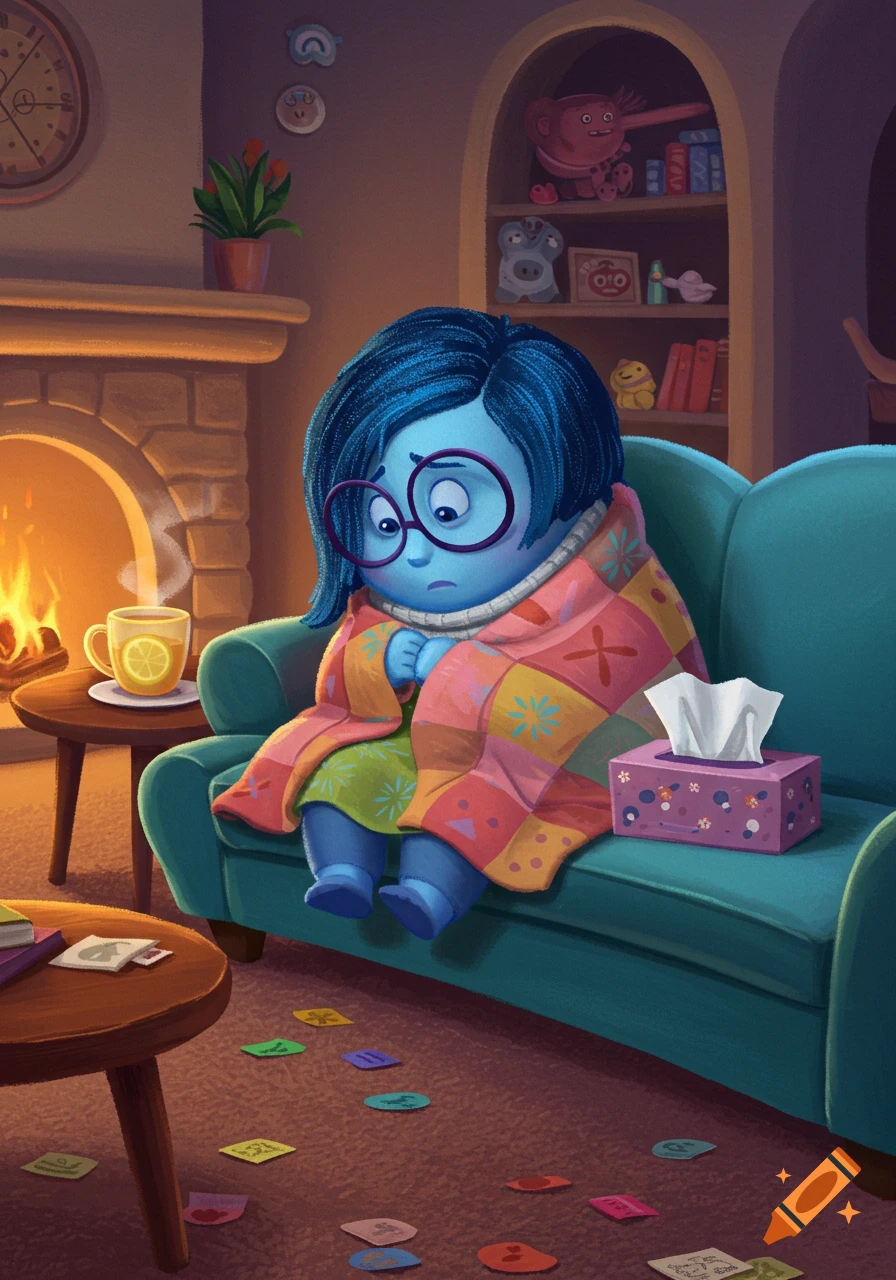 Sadness from Inside Out, wrapped in a colorful quilt on a couch, looking unwell in a cozy room with a fireplace and tea.